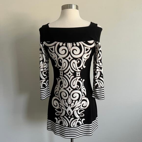 Cache Swirl Striped Cold Shoulder Tunic Dress XS Black Beige - Picture 6 of 7